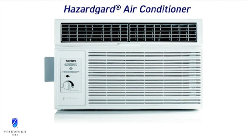 Hazardgard air conditioner unit with control panel on the left and front louvers; Friedrich branding visible. friedrich sh15m30a specifications and features