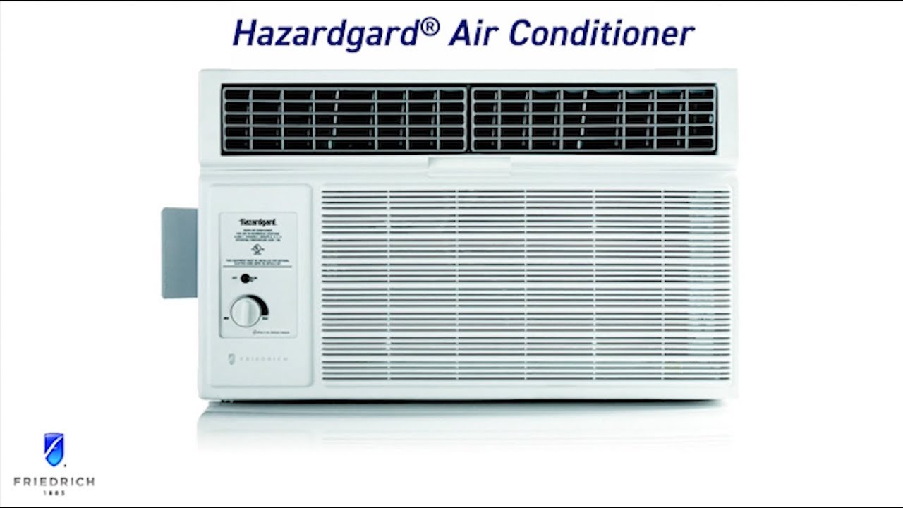 Hazardgard air conditioner unit with control panel on the left and front louvers; Friedrich branding visible. friedrich sh15m30a specifications and features